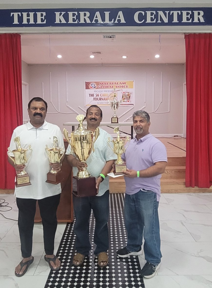 മലയാളം ഗ്ലോബൽ വോയിസ് 56 ചീട്ടുകളി ആവേശകരമായി എൽമോണ്ടിൽ നടത്തി; ന്യൂഹൈഡ് പാർക്കിലെ സന്തോഷ്, ബാബു, ബേബി സഖ്യം വിജയികൾ