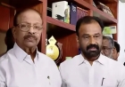 കണ്ണൂരിലെ കോണ്‍ഗ്രസ് സ്ഥാനാര്‍ത്ഥി ടി.ഒ. മോഹനനെ ഷാൾ അണിയിച്ച് സ്വീകരിച്ച് കെ. സുധാകരൻ