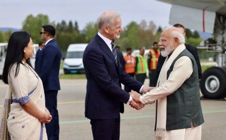 PM Modi arrives in Oslo, Norway PM Jonas Gahr Store welcomes him at airport