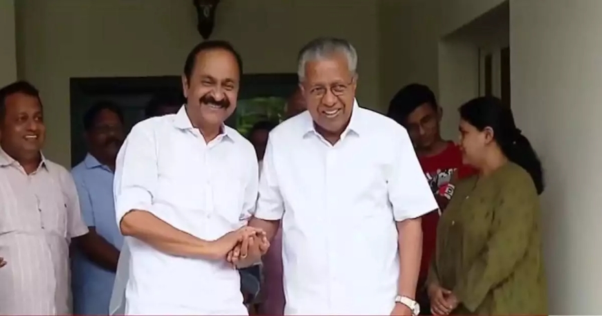 പിണറായിയുടെ വീട്ടിലെത്തി നിയുക്ത മുഖ്യമന്ത്രി വി ഡി സതീശന്‍; പൂമുഖത്തെത്തി കൈപിടിച്ച്  സ്വീകരിച്ച് പിണറായി