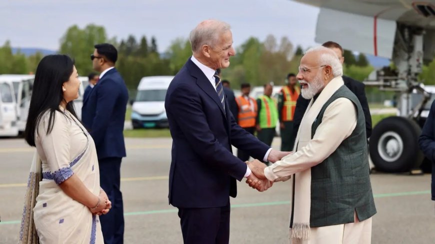 PM Modi arrives in Oslo, Norway PM Jonas Gahr Store welcomes him at airport