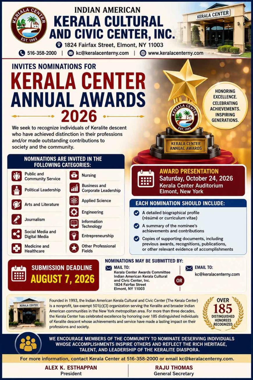 Kerala Center invites nominations for prestigious annual awards 2026
