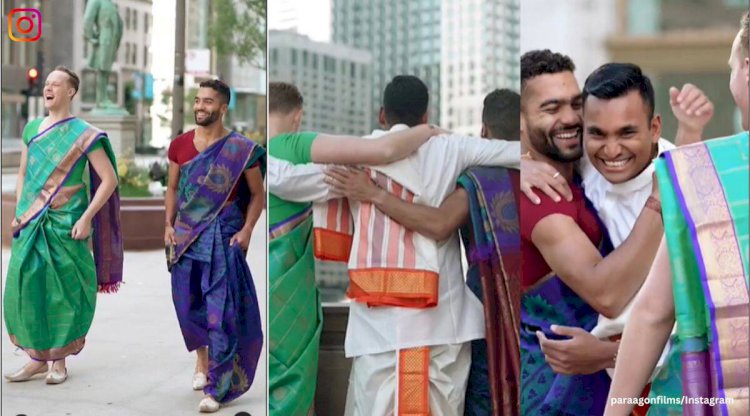 Male friends of Indian groom walk down Chicago streets sporting sarees & bindi